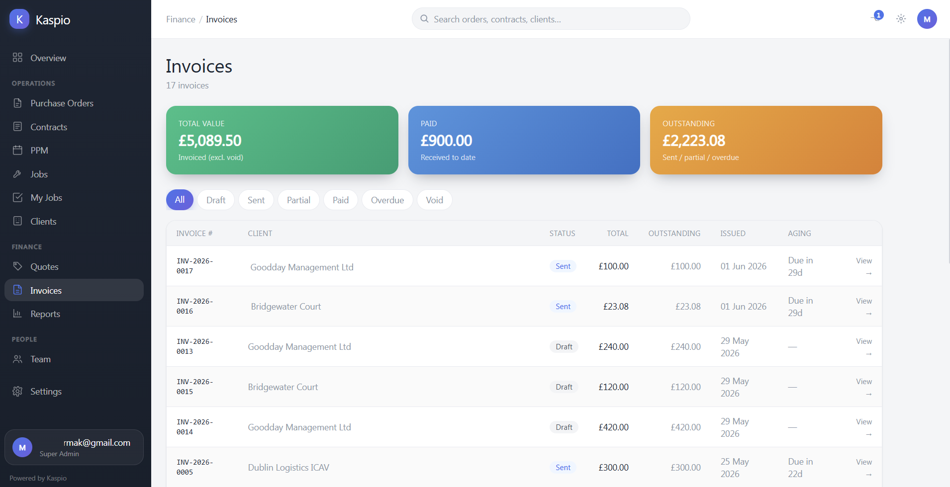 Kaspio invoices on a desktop monitor