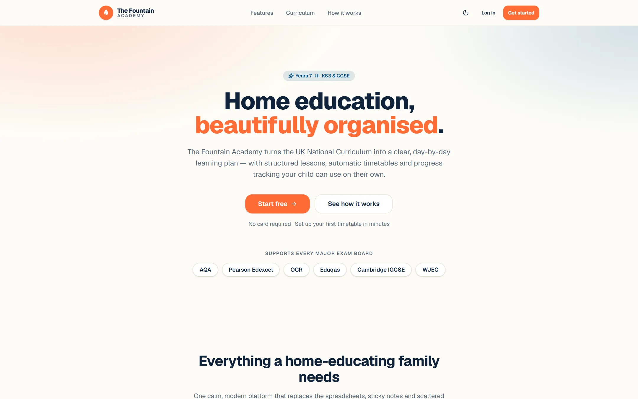 The Fountain Academy website homepage, designed and built by Kaspio