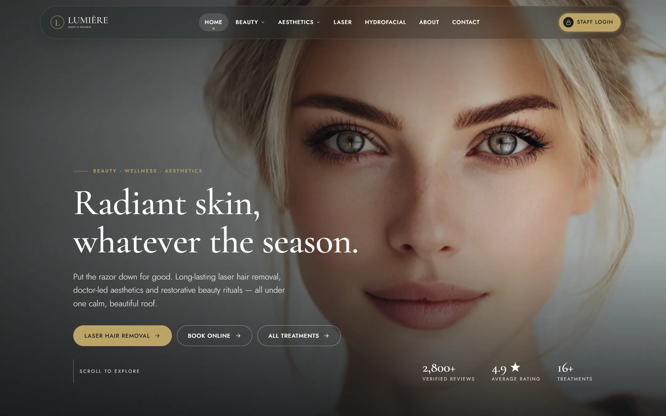 Lumière Beauty & Wellness website homepage, designed and built by Kaspio